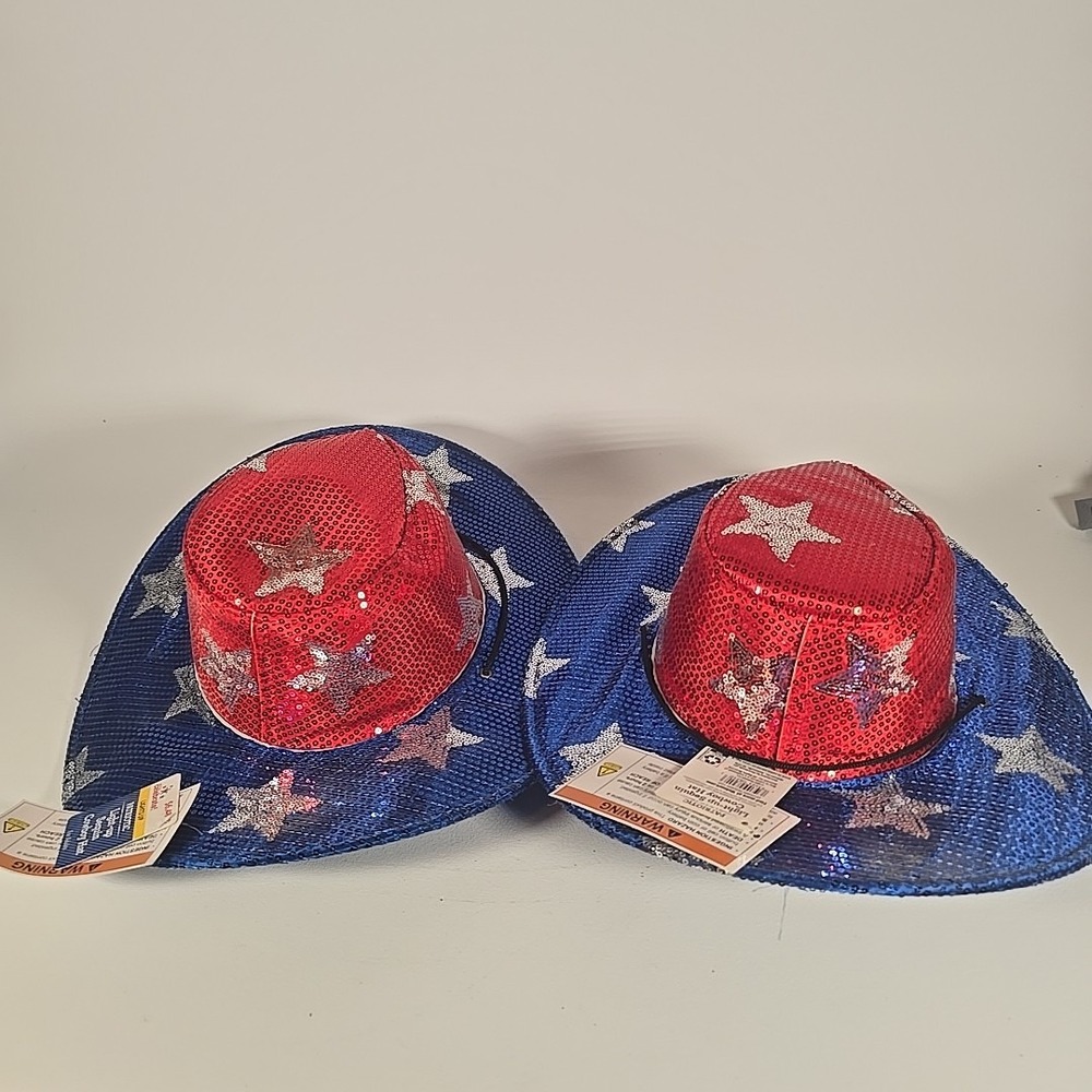 Way to Celebrate 2 Unisex‎ Light Up Sequins Red White Blue Cowboy Hats Team USA